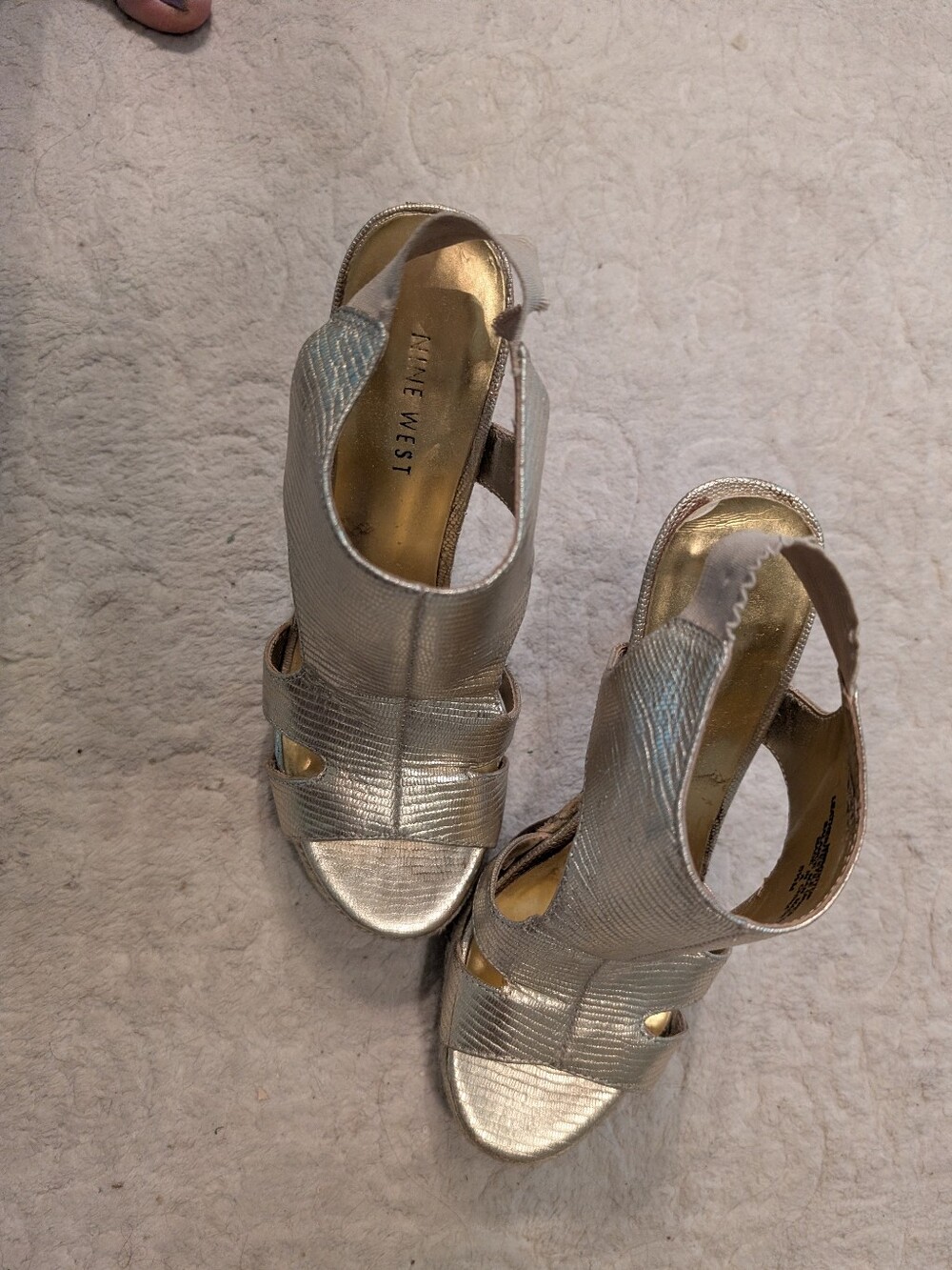 Nine West Metallic Gold Textured Metallic Open-Toe Heels